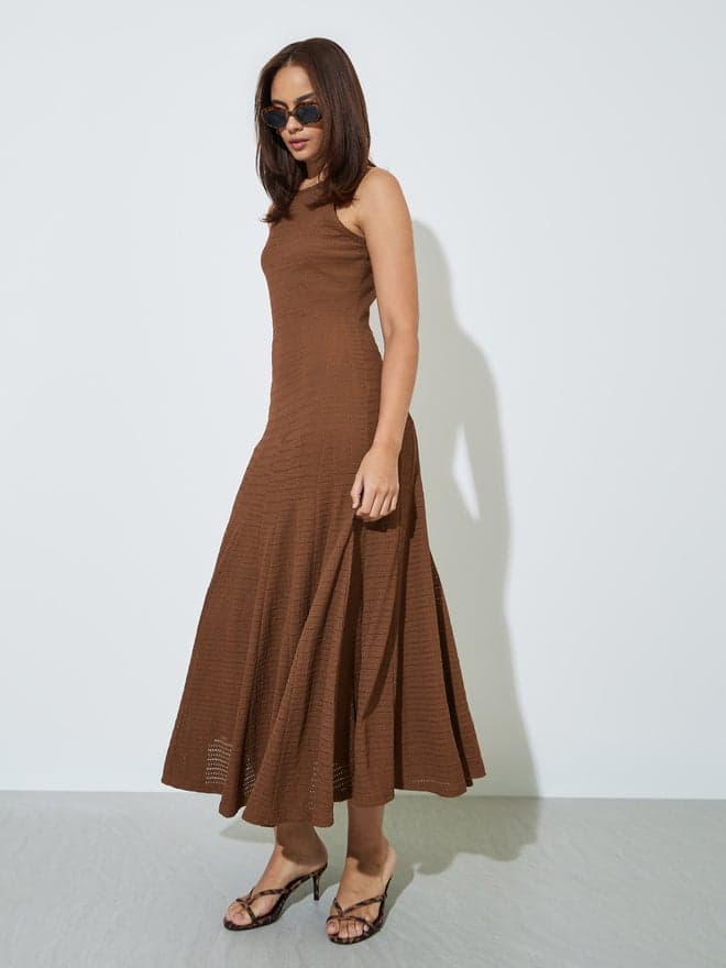 Styli Brown Textured Sleeveless A-Line Maxi Dress