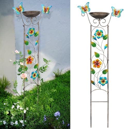 SUNNYPARK Bird Bath with Trellis Outdoor Antique Garden Iron Plant Trellis with Decorative FloralButterflies Detachable Bird Bath Bowl Metal Potted Plants Support for Climbing Flowers