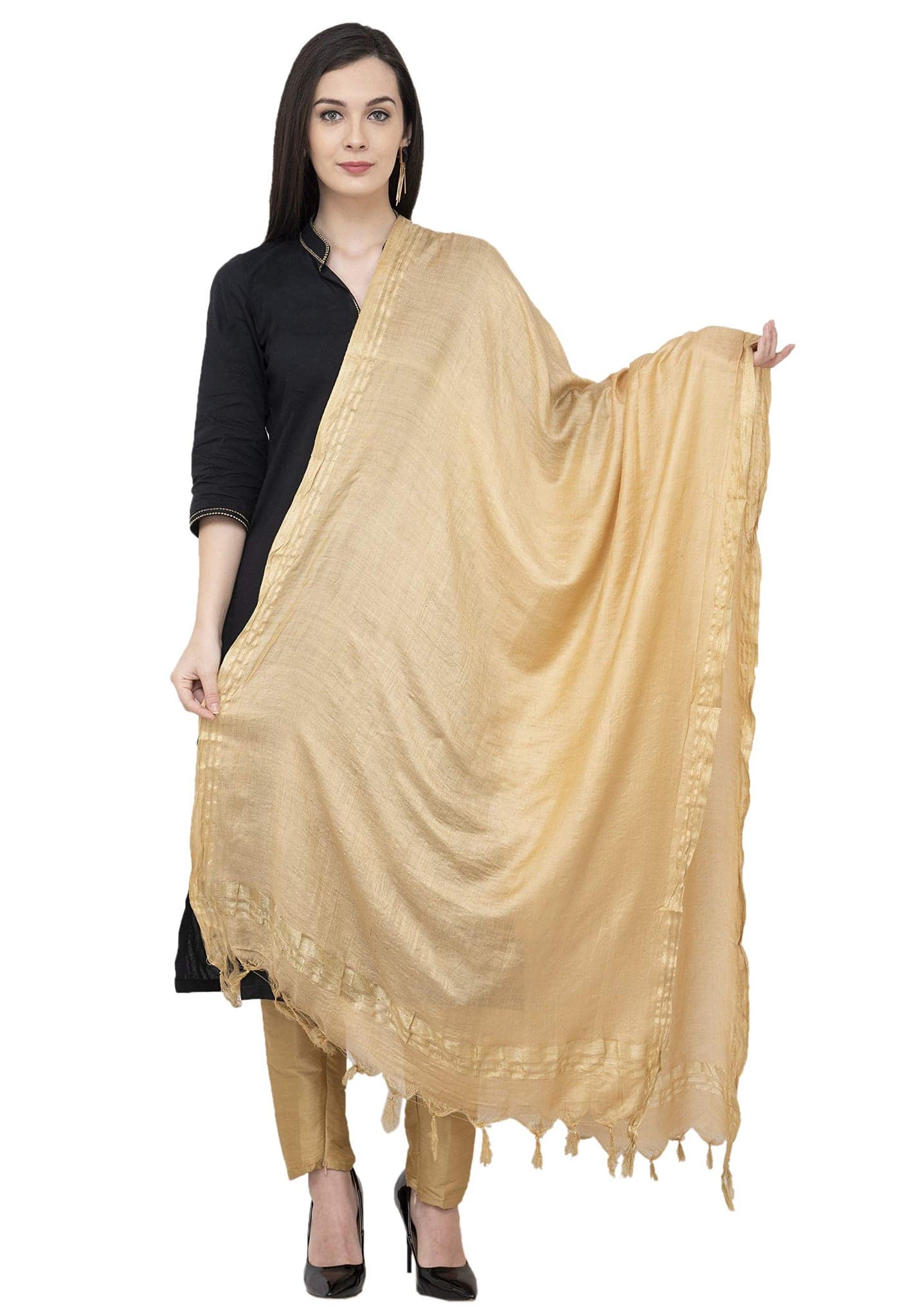 A R Silk Women's Self Design Silk Dupatta (ARS057_Golden_Free Size)