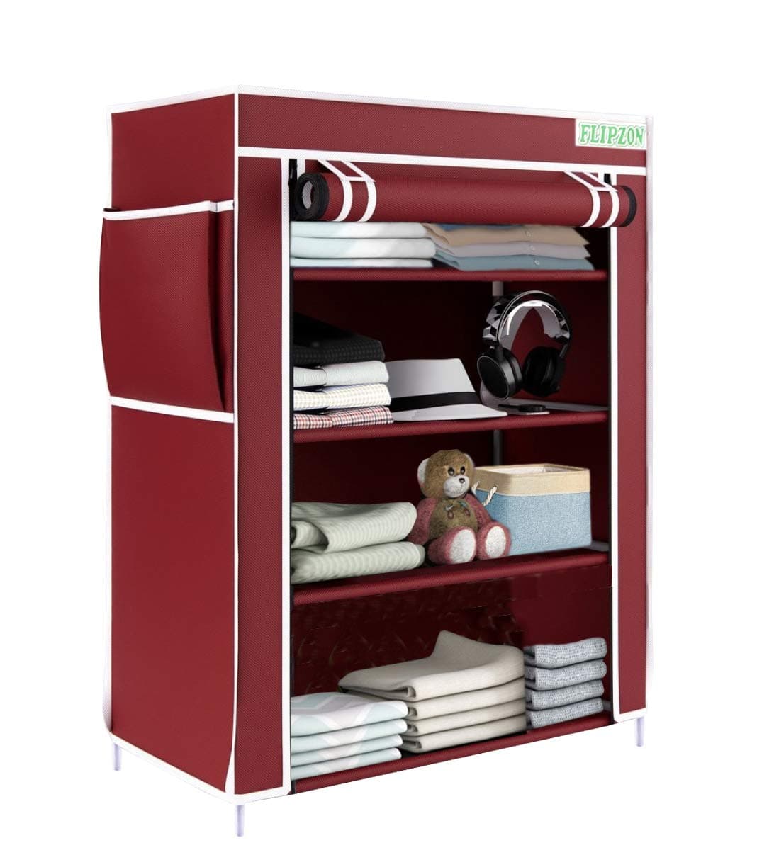 FLIPZON Multipurpose 4 Shelve Wardrobe Iron and NonWoven Fabric Maroon