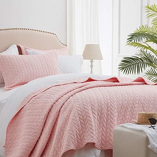 SunStyle Home Pink Quilt Queen Size, Lightweight Comforter Bedspread Full Queen Quilt Bedding Set, Soft Reversible Coverlet for All Season 3pcs Leaf Embroidered Durable Quilted Stitching Bed Set Blush