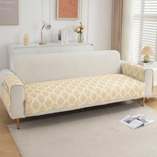 HOKIPO 'VivaCasa Series' Polyester Printed Quilted 1 Seater Sofa Cover Set, One Seat Mat with Two Armrest Covers with Pockets, Ogee Ivory (IN-788-D6 + IN-800-D6)