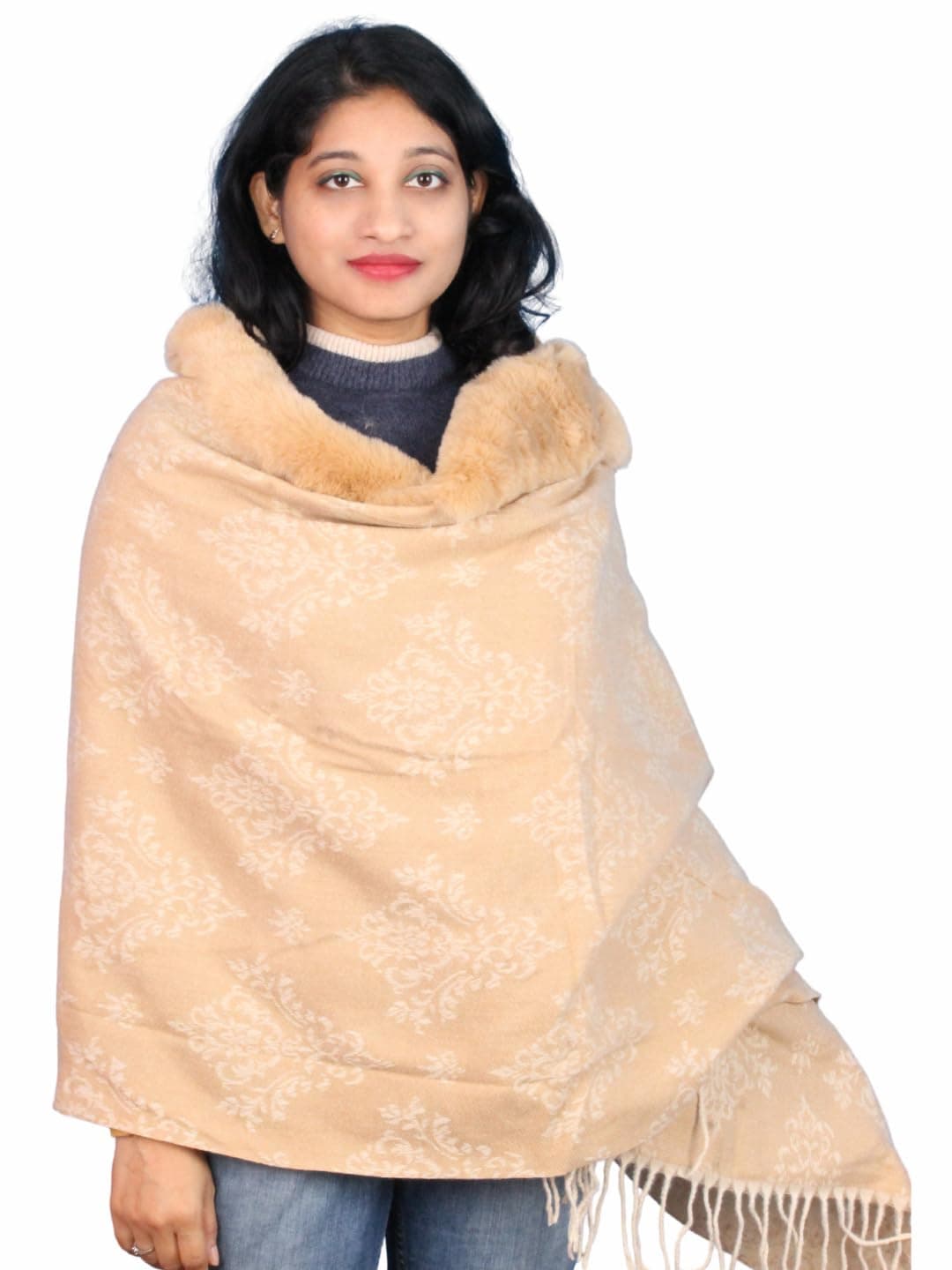 Pick Ur Needs Elegant Winter Soft & Warm Woolen Shawl with Faux Fur Border Multi Color Pattern Scarf (Camel)