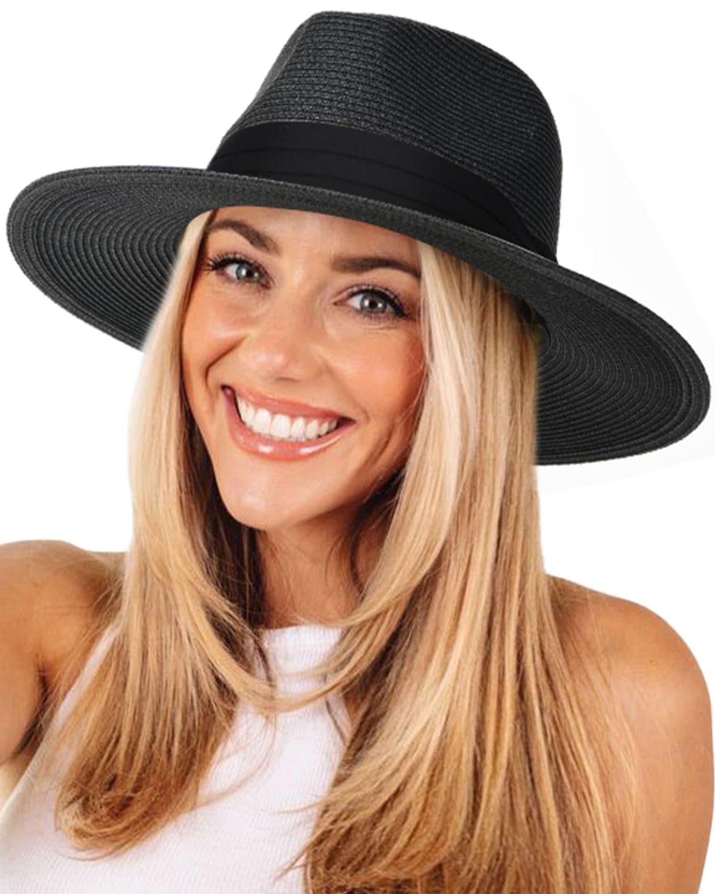 FURTALK Womens Mens Wide Brim Straw Panama Hat Fedora Summer Beach Sun Hat UPF Straw Hat for Women Black