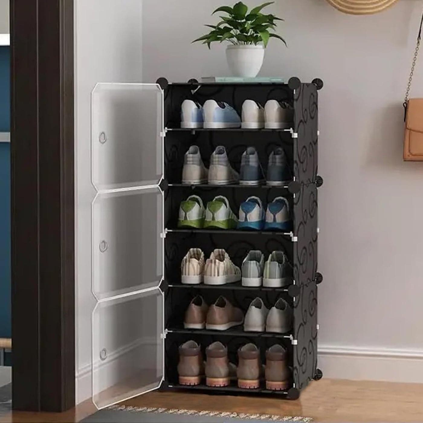 Zemic DIY Portable Shoe Rack for Home Plastic Shelves Household Shelf Shoe Rack with Dustproof Door for HeelsSlippersBoots for Entryway or Bedroom Black 6Shelf3Door