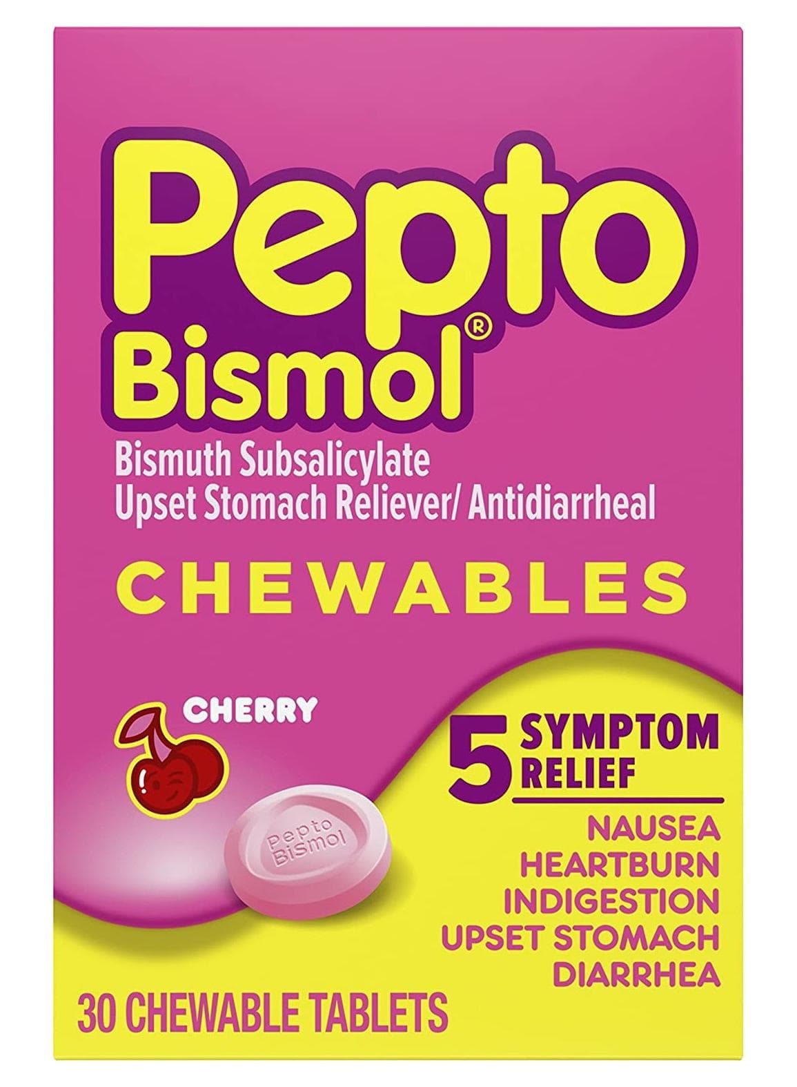 Pepto Bismol Upset Stomach Reliever Chewable Tablets 30 Count Cherry