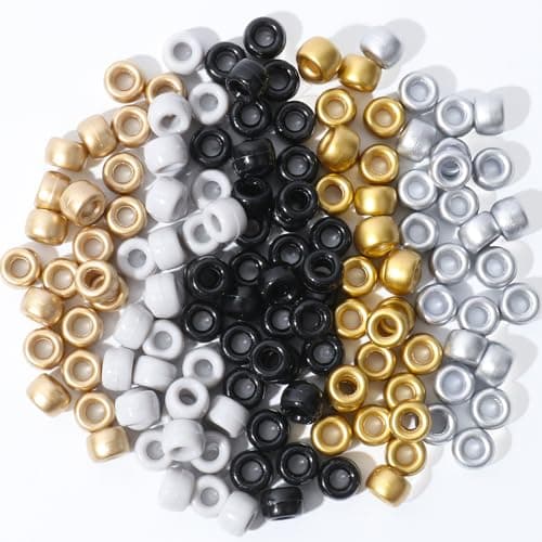 1200Pcs Friendship Bracelet Bead 6x9mm Pony Beads for Jewelry Making 5 Style Gold Silver Colors Kandi Bead Bulk Hair Beads for Braids with Stretch Cord and Scissors