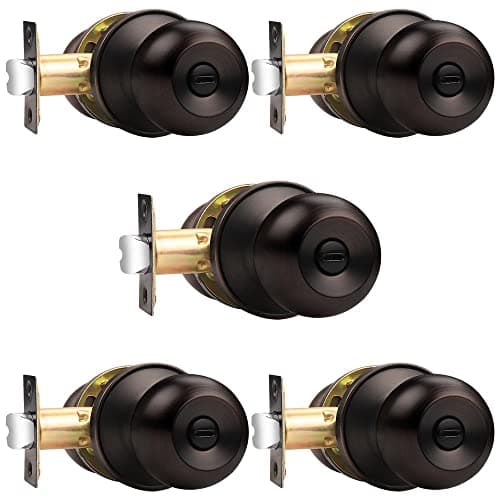 Probrico Round Privacy Door Knobs Oil Rubbed Bronze Bedroom Bathroom Locksets, Interior Keyless Bath Door Knobs, 5 Pack