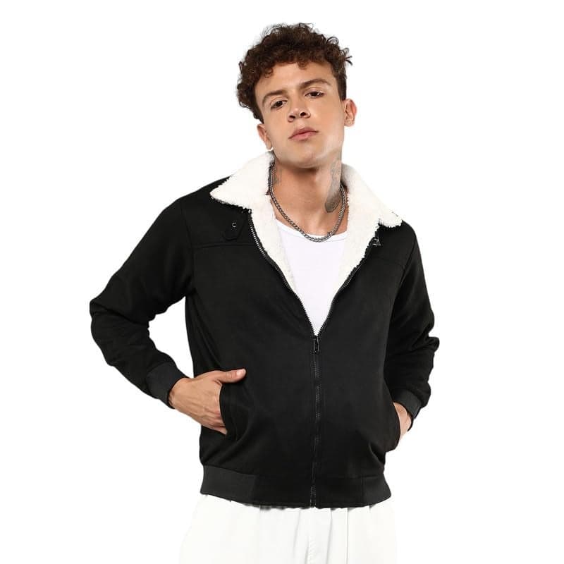 Campus Sutra Men's Obsidian Black Fur-Lined Suede Bomber Jacket For Casual Wear | High Neck | Long Sleeve | Zipper Closure | Jacket Crafted With Comfort Wear For Everyday Wear