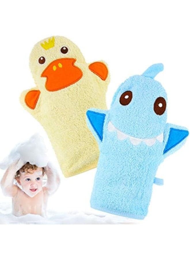 Shappy 2 Pieces Baby Bath Mitt Washcloths with Cute Animal Designs Yellow Duck Shark Cotton Towel Gentle Soft Scrub for Toddler Bath and Shower