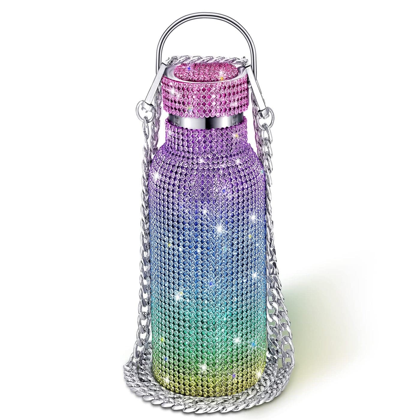 Geiserailie Diamond Water Bottle Bling Rhinestone Stainless Steel Thermal Bottle Refillable Insulated Glitter Water Jug with Chain for Women Girls Gifts750 mlMulticolor