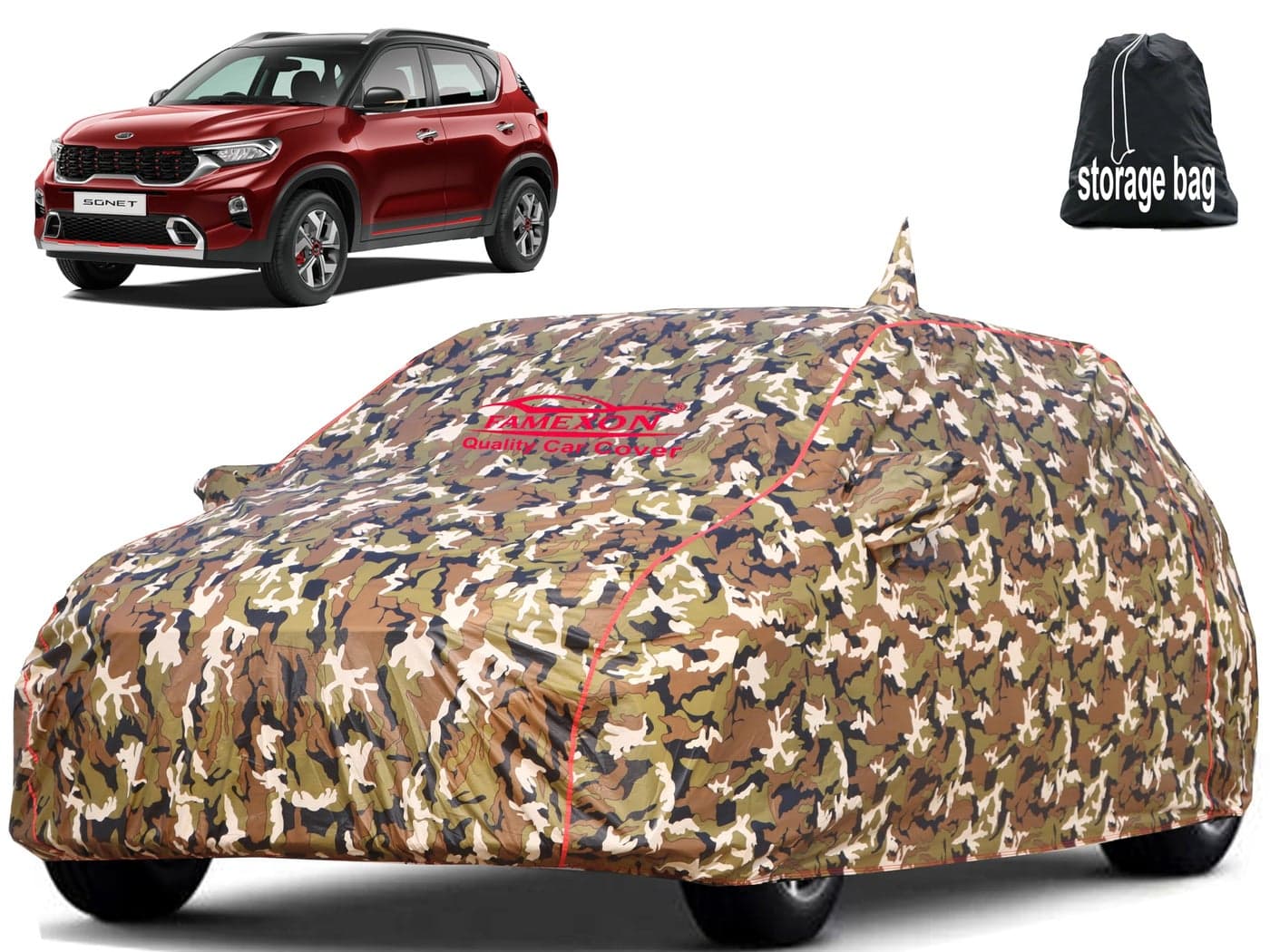 FAMEXON Waterproof Car Body Cover Compatible For Sonet Triple Layer Fabric With Mirror Pockets Inner Foam And Pipein Design Protects From Animals,Heat,Rain&Uv Rays(Jungle Print),Multicolor