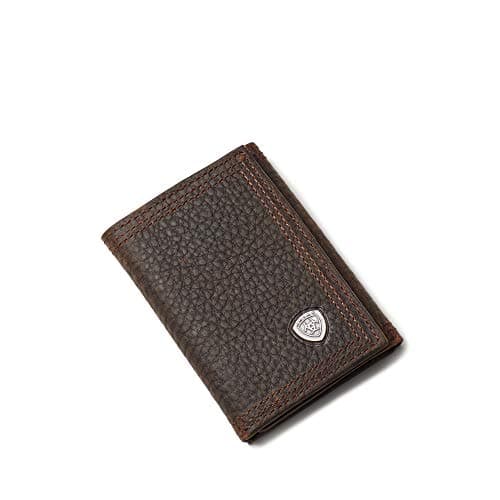ARIAT Men's Trifold Wallet, Oil Tan Dark Copper Leather, Brand Concho, Multiple Slots