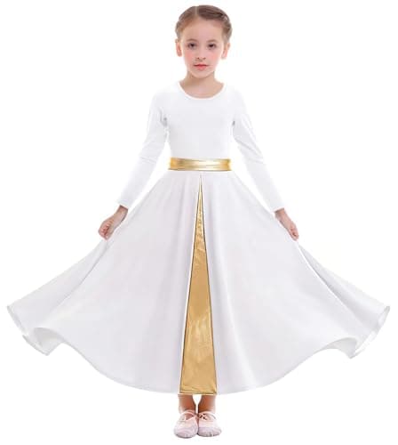 ZX Girls Praise Dance Dress Full Length Wide Swing Skirt Long Sleeve Liturgical Worship Church Robe Lyrical Dancewear Tag 130 White
