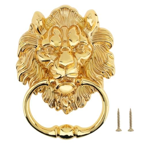 HOJLKLD 6 Inch Lion Head Knocker, Classical Decorative Front Door Knocker Pull Handle with Mounting Screws (1, Gold)