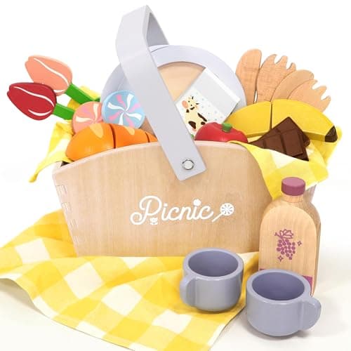 Pillowhale Wooden Picnic Basket Play Food Set 21 PCS Pretend Kids Kitchen Toy with Blanket Cutting Fruit Dual Place Settings Imaginative Outdoor RolePlay Gift for Toddlers Ages 3