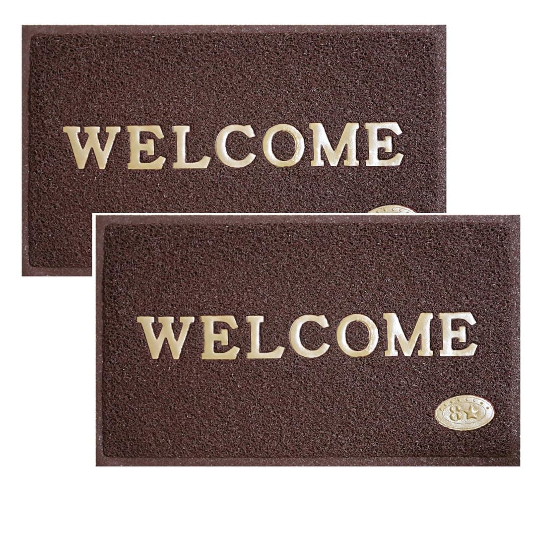VSTUCART Welcome Door Mat Anti Skid PVC Doormat for Home Perdan for Main Door58x38 cm Brown Pack of 2