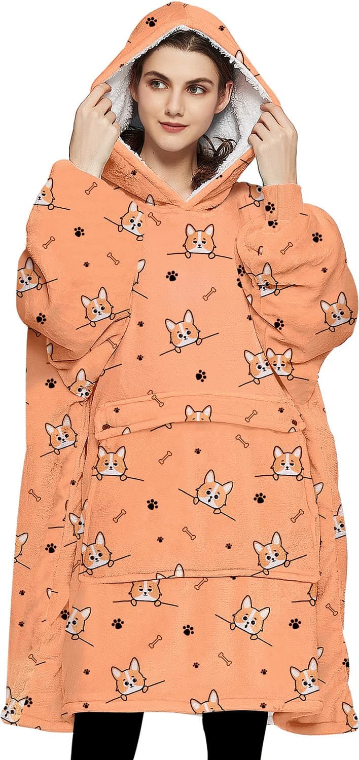 KFUBUO Wearable Blanket Hoodie for Adults Sherpa All Patterns Dog Oversized Sweatshirt Blanket with Pockets Cute Hoodies Gifts for Women