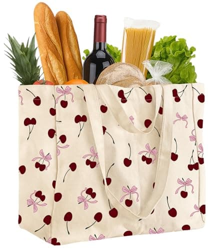 Miss Adola Extra Large Canvas Grocery Tote Bag - Reusable Washable Shopping Shoulder Bag with Inner Pockets & Handle Straps, Cherry Bow