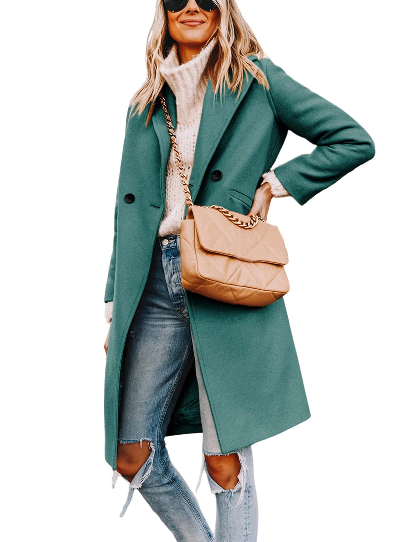 Hooever Womens Winter Wool Coat Casual Notch Lapel SingleBreasted PeacoatTealM