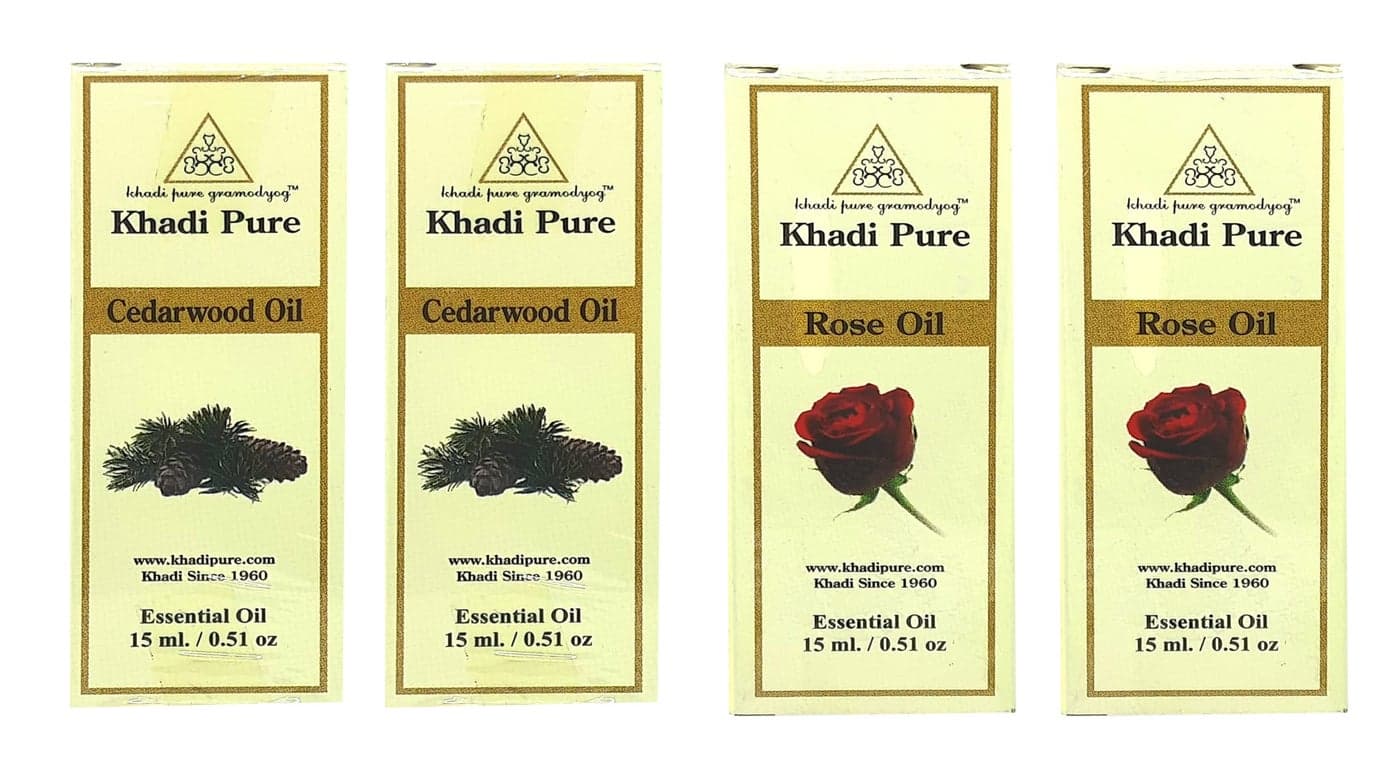 Khadi Pure Cedarwood & Rose Essential Oil | Calming & Luxurious Aromatherapy Blend | Reduces Stress, Enhances Skin Radiance & Balances Emotions | 100% Natural & Therapeutic Grade | Pack of 4 (15 ml Each)