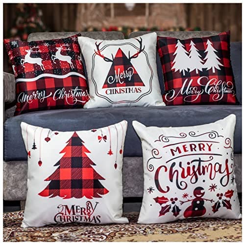 Vendola Decorative Merry Christmas Satin Cushion Cover 24 Inch x 24 Inch 5 Piece, Cusion Cover for Sofa 24" 24 Set of 5, White and Red Colour, Reindeer, Deer Print (24X24 Inches)