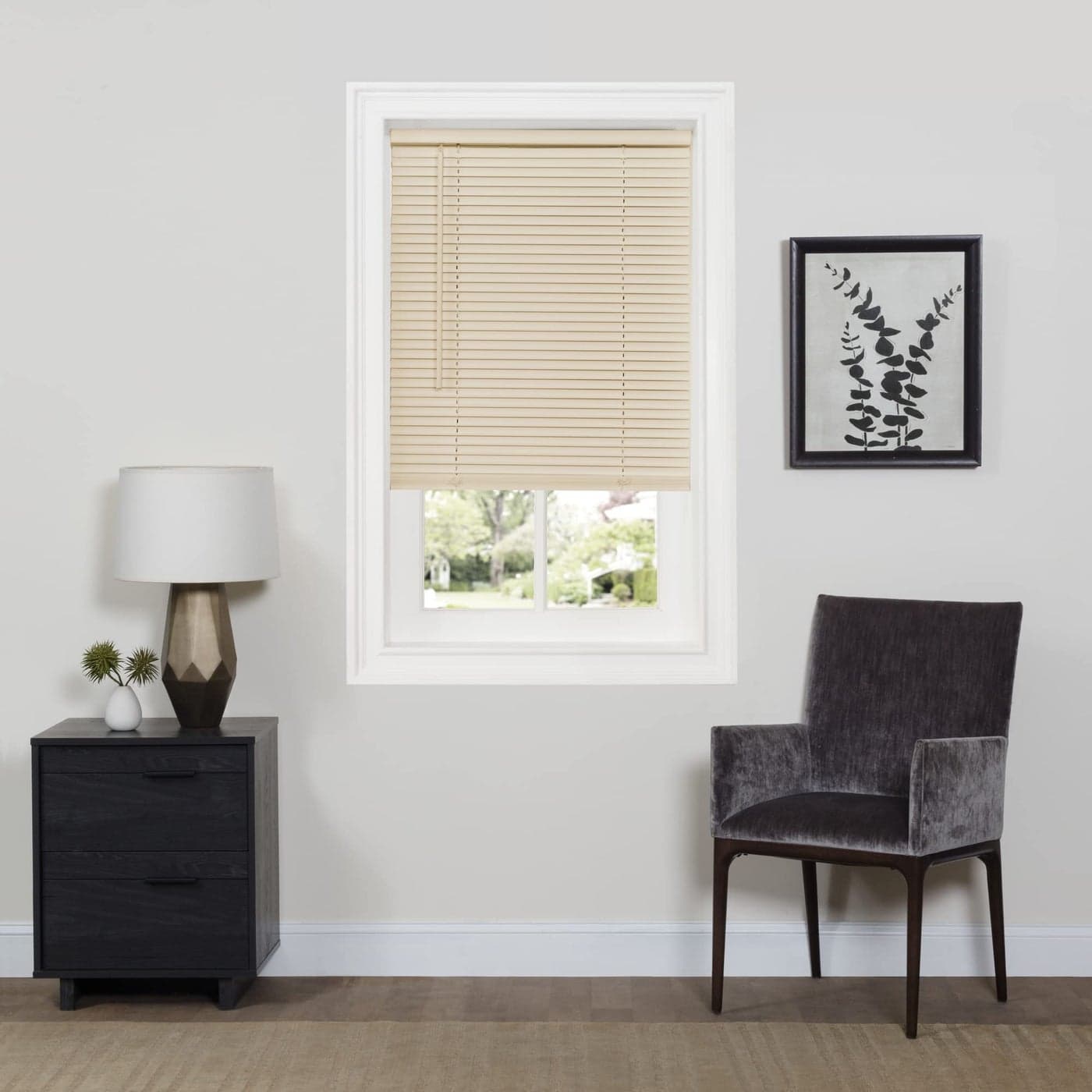 Cordless Room Darkening Mini Blind 31 Inch Width 64 Inch Length 1 Slat Size Alabaster Cordless GII Deluxe Sundown Horizontal Windows Blinds for Interior by Achim Home Decor