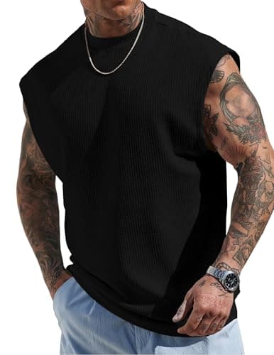 JMIERR Mens Tank Tops Textured Sleeveless Streetwear T Shirts Workout Muscle Gym Shirt, US46(XL), Black