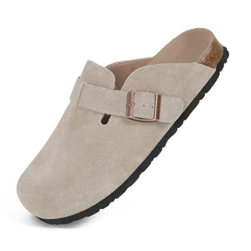 Dumalum Clogs for Women Mens Suede Leather Slip on Shoes Cork Footbed Mules Sandals with Arch Support Unisex Slippers Camel