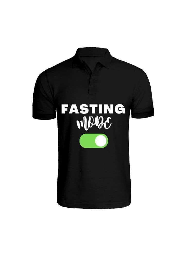 Ramadan Printed Black Tshirt-Fasting Mode On-Cotton-XL-Unisex Polo Neck Tshirt-220 GSM