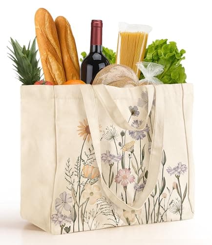 Miss Adola Large Canvas Grocery Tote Bag - Reusable Shoulder Bags with 6 Inner Pockets & Shoulder Strap and Handle Cute Aesthetic Designer Heavy Duty Shopping Totes for Groceries, Colorful Floral