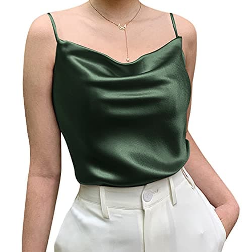 Miqieer Basic Women's Silk Tank Top Ladies V-Neck Camisole Silky Loose Sleeveless Blouse Satin Tank Shirt(Cowl Neck-Green,XL)