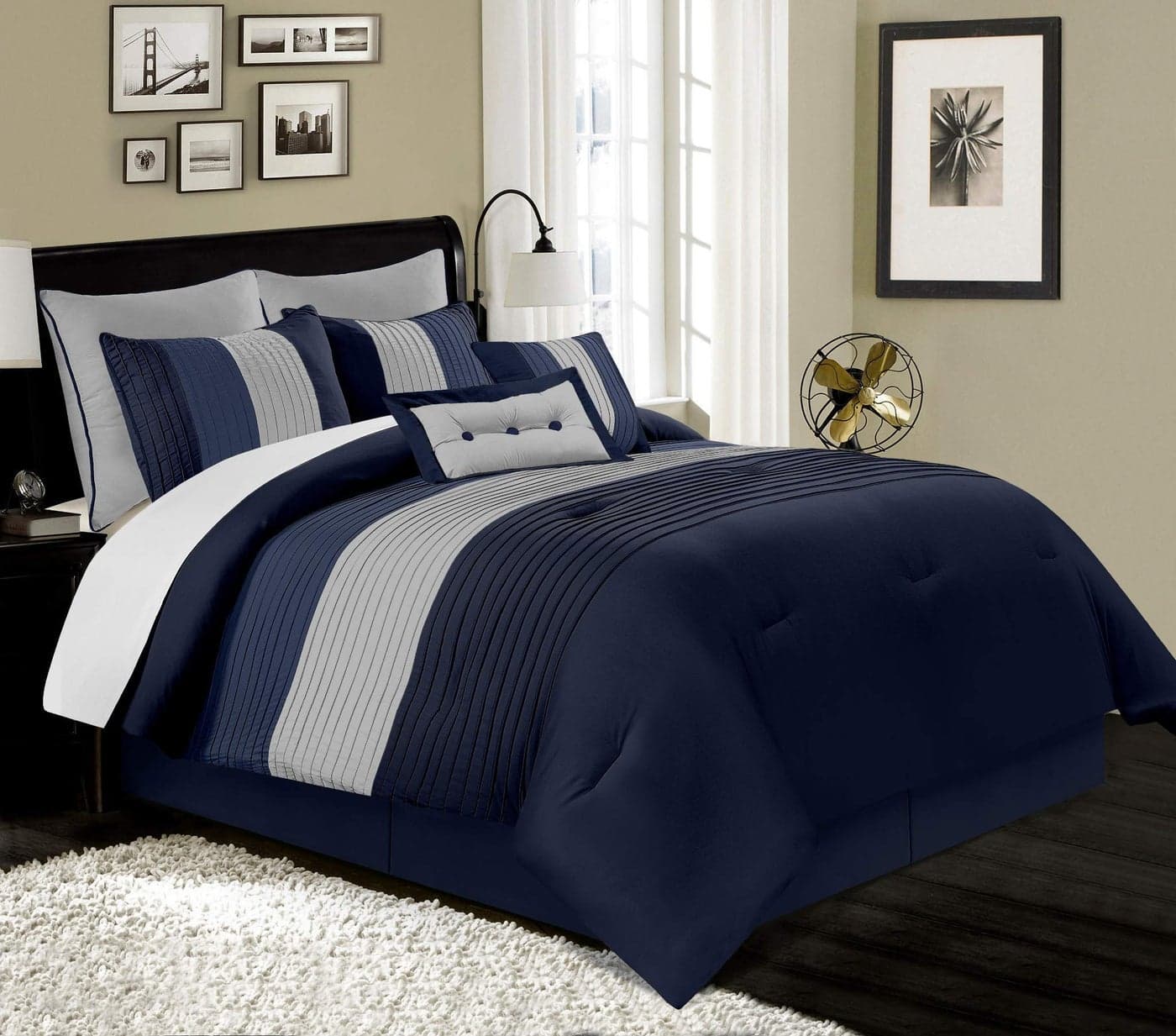 Chezmoi Collection Loft 8Piece Luxury Striped Comforter Set Full NavyGrayBlue