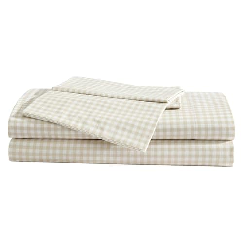 Eddie Bauer Twin Size Sheet Set 100 Cotton Percale Bedding Crisp Breathable Bed Sheets Fully Elastic Fitted Sheet with Pillowcase Little Gingham Beige