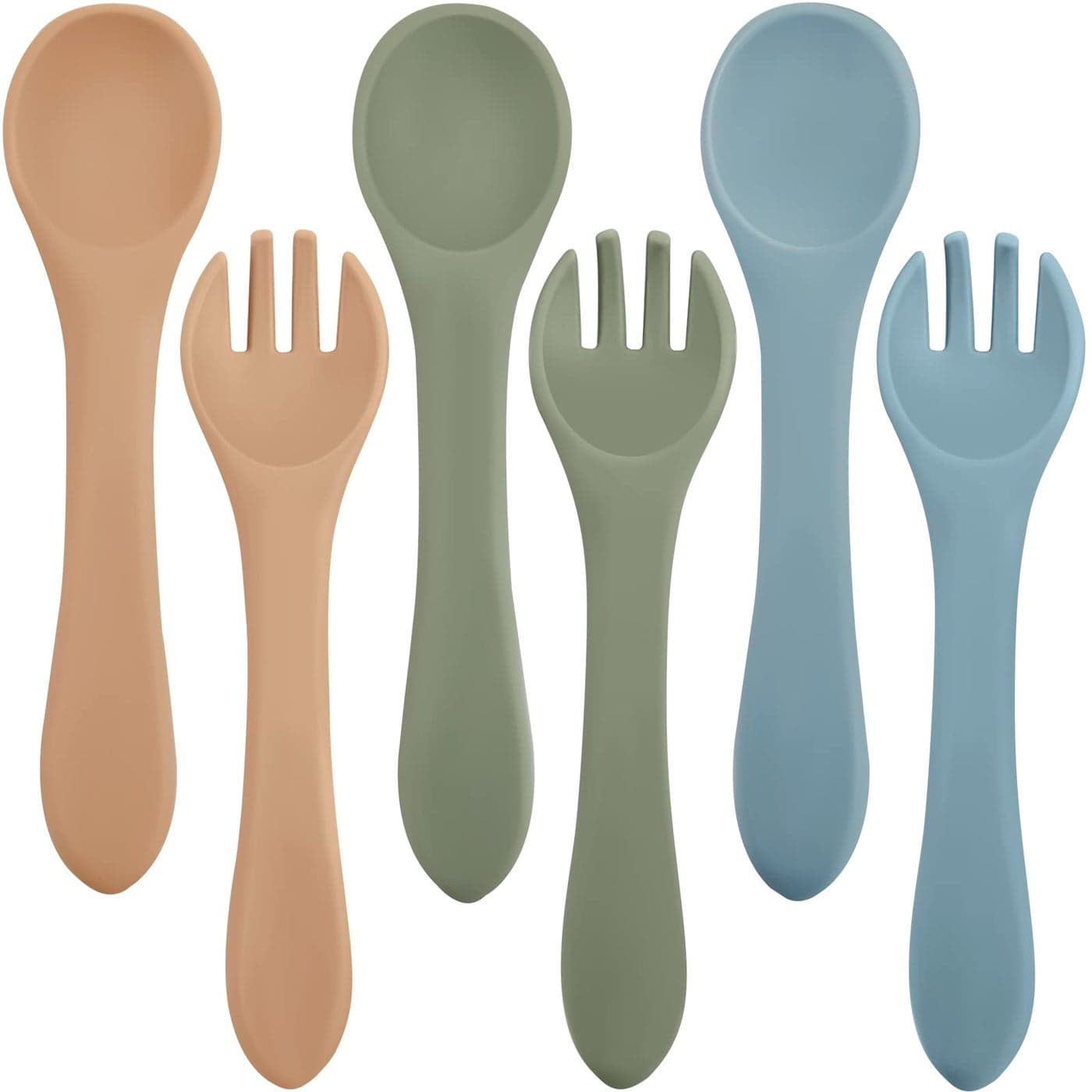 6 Pieces Silicone Baby Feeding Forks and Spoons Set Hot Safety First Stage Self Feeding Supplies Mini Kids Utensils for Over 6 Months Babies Boy Girl Toddlers First Foods Nature Color