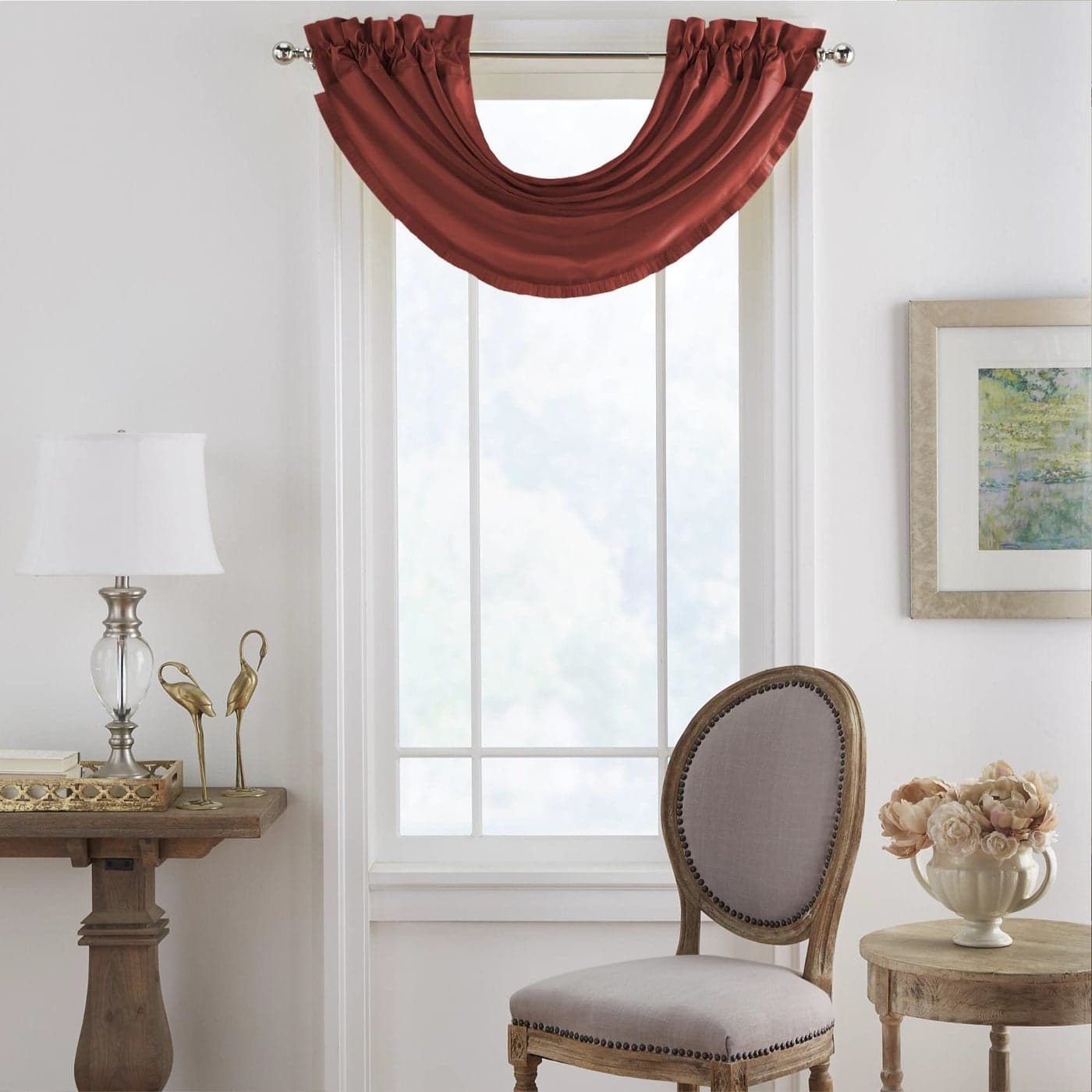 Elrene Home Fashions Versailles RoomDarkening FauxSilk Waterfall Window Valance Accessory for Bedroom or Living Room Windows with Rod Pocket Tabs 52 x 36 1 Valance Red