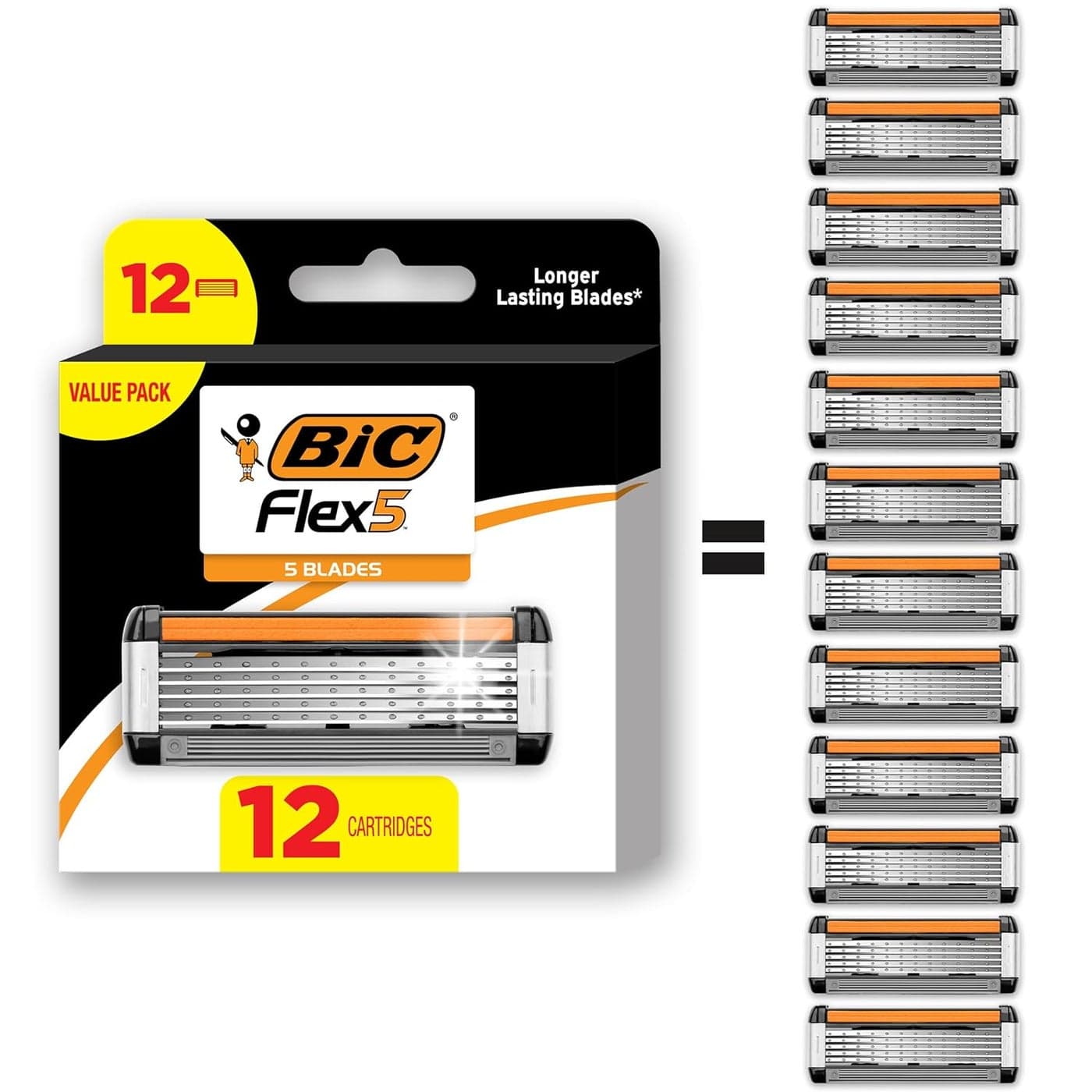 BIC Flex 5 Refillable Refill Razor Cartridges for Men LongBlade Razors for a Smooth and Comfortable Shave 12 Refill Cartridges