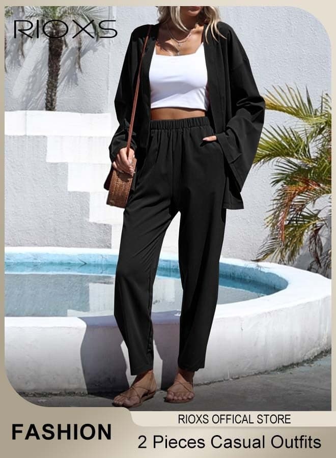 Women's 2 Pieces Linen Outfit with Chic Design, Daily Casual Set, Loose Cardigan Long Sleeves Tops and Elastic Waist Straight Pants, Made of Linen/Cotton Blended Fabric, Perfect for Travel, Daily Wear, Party or Dating