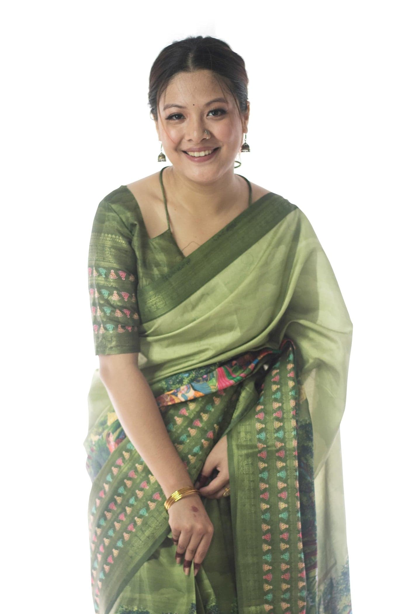 MIRCHI FASHION Women's Cotton Silk,Cotton Blend Zari Lines Floral Printed Saree with Blouse Piece (49168 - Light Olive Green, Olive Green)