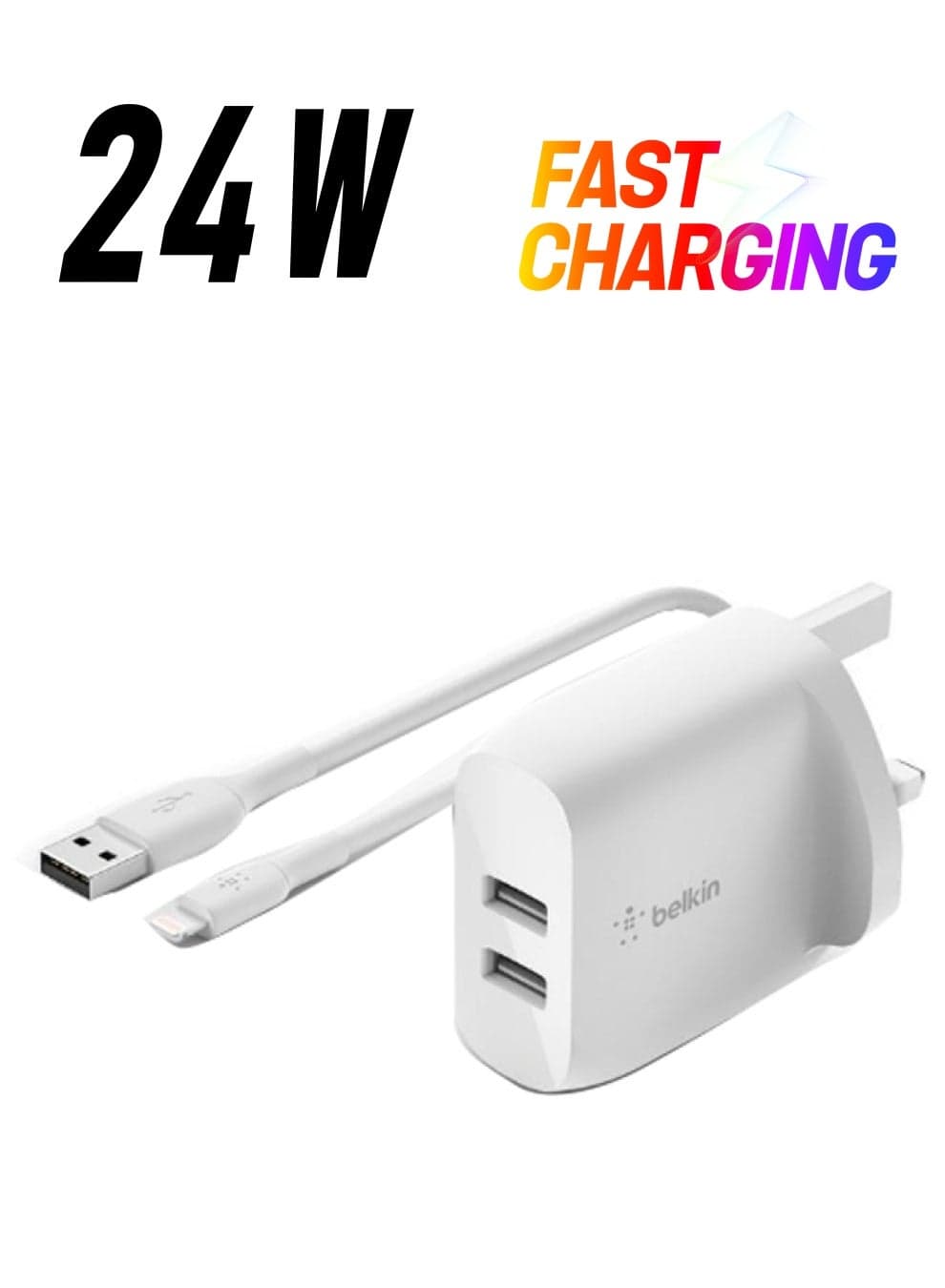 MFi Certified Boost Charge Dual USBA Wall Charger 24W USBA To Lightning Cable Apple Adapter iPhone Charger Cable Adapter For iPhone 14 And 13 Series iPad Airpods And More White