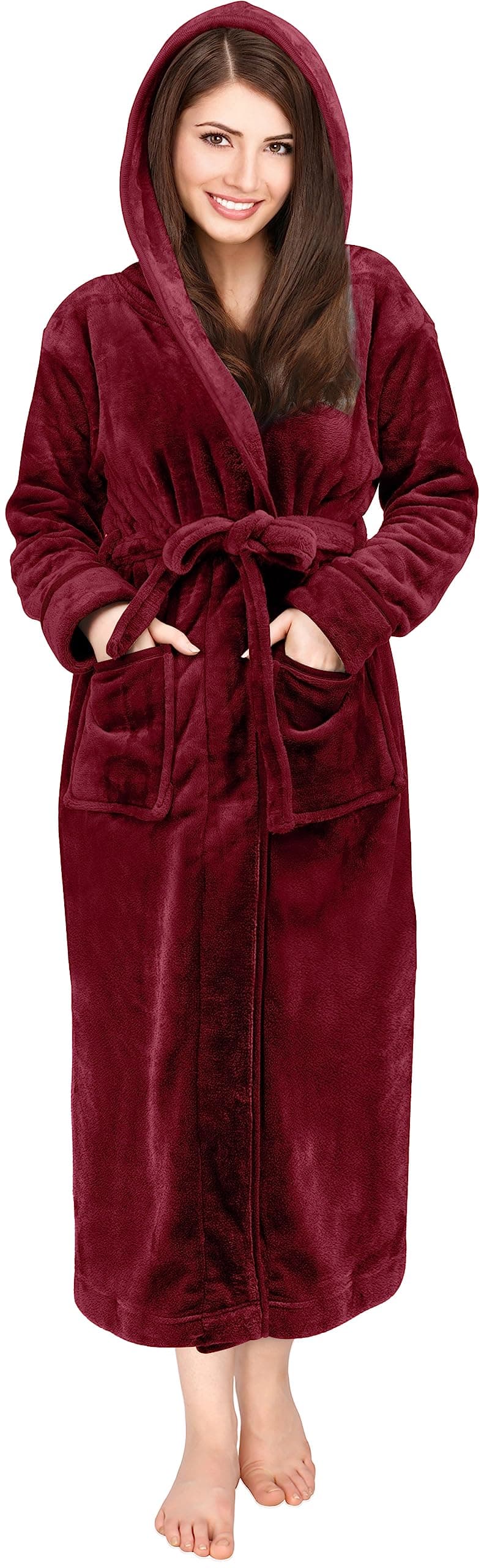 NY Threads Premium Womens Fleece Hooded Bathrobe Plush Long Spa Robe XLarge Burgundy