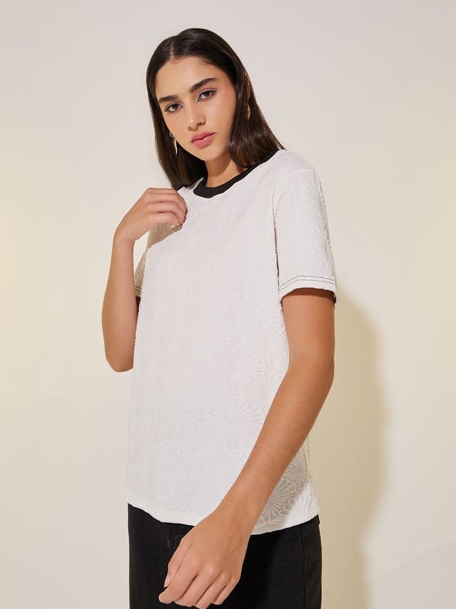 Take Two Solid Jacquard Contrast Color T-Shirt