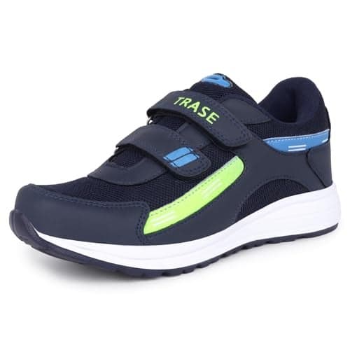 TRASE Sports Shoes for Kids | Running Shoes for Boys & Girls with Hook & Loop | Anti-Skid Comfortable Lightweight Footwear with Breathable Fabric (Navy-Green, 13 UK)