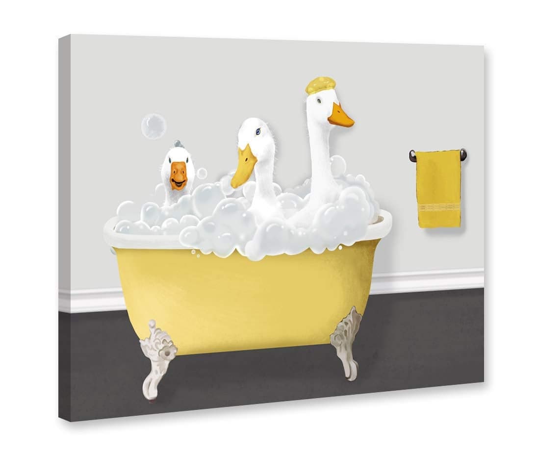 Genius Decor Modern Funny Wall Art for Bathroom Yellow Gray Three Gooses in Bathtub Picture Print Canvas Decor Ducks