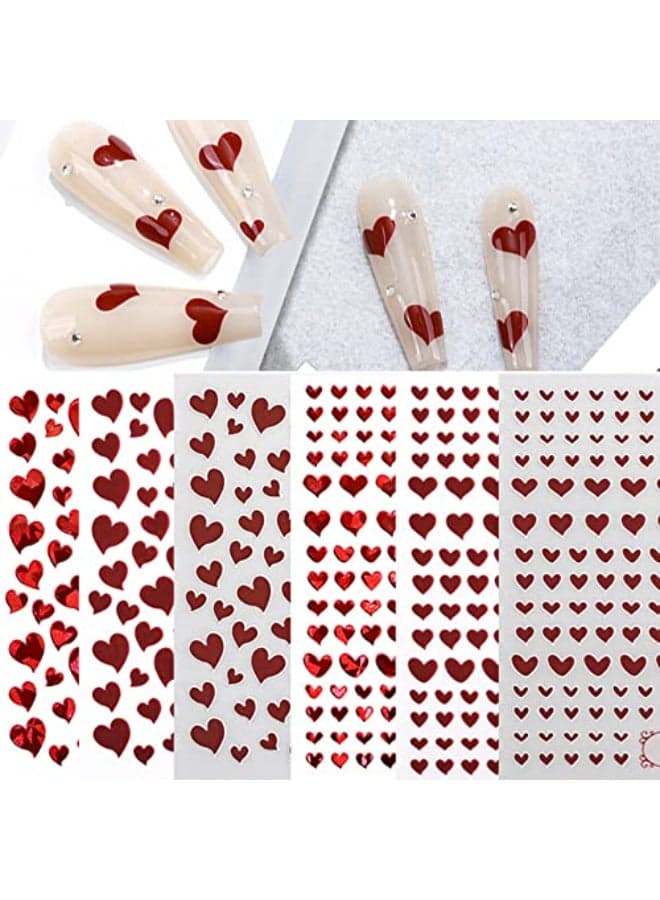 Red Hearts Nail Art Stickers for Nail Art Designs and Nail Decorations Self Adhesive Nail Decals for Women Girls Kids for Fingernails Acrylic Nails Decor 6 Sheets