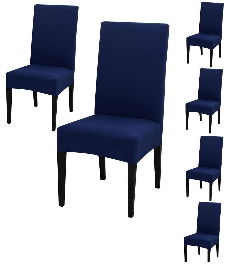 Gifts Island Polyester Dining Table Chair Cover Set of 6 Seater Stretchable Washable Chair Seat Slipcover Protector (Navy Blue)