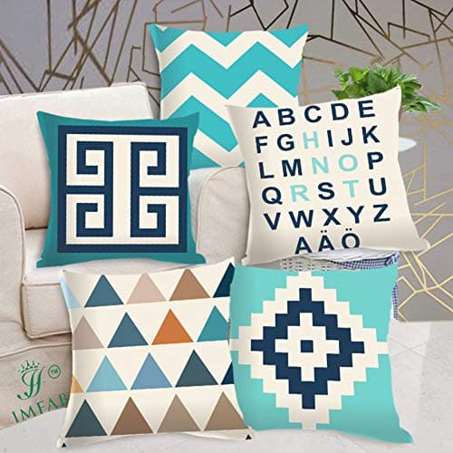 IMFAB Geometric Blue and Torquoise Digital Printed Decorative Canvas Cotton Cushion Covers Set of 5 pcs (12X12 inches or 30X30 cms)