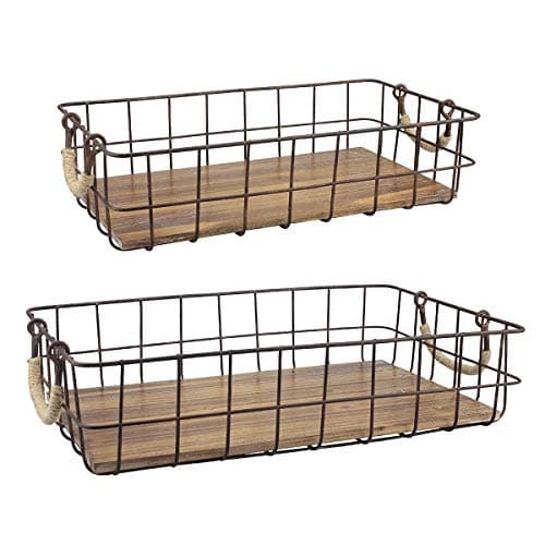 Stonebriar Stackable 2pc Rectangle Metal Wire and Wood Basket Set with Rope Wrapped Handles, Rustic Decor for Home Storage, Decorative Serving Baskets for Weddings, Birthdays, and Holiday Parties