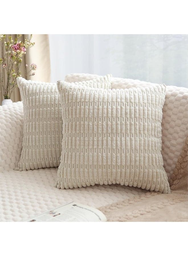 2 Pcs Corduroy Throw Pillow Covers, 18x18 Inch Striped Square Cushion Covers, Soft Boho Farmhouse Decor for Sofa Couch Bed, Cream White