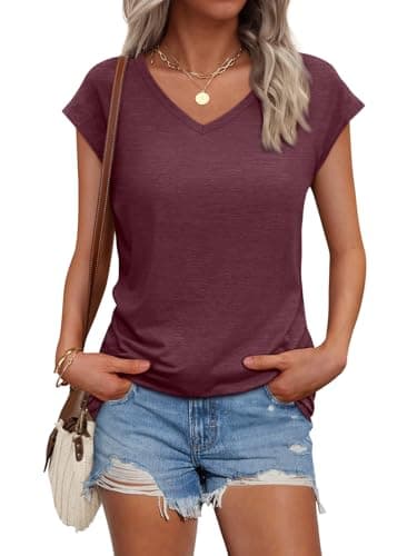 AUTOMET V Neck T Shirts for Women Spring Summer Fall Tops Teacher Work Business Dressy Casual Blouses Basic Tees Boho Fashion WineRed XL